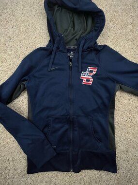 Nike Full Zip Small Jacket Hoodie Therma-Fit Blue Hooded Red White Blue Logo